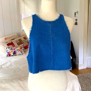 ZARA trafaluc short denim swinger crop top sleeveless blue size L raw hem